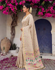 White Premium Soft Muga Cotton Swan Pattern Saree
