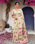 White Soft Flora Cotton Resham Saree with Lotus Pattern Saree