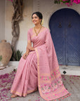 Pink Premium Soft Muga Cotton Swan Pattern Saree