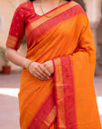 Orange Soft Ikkat Pochampally Patola Silk Zari Woven Saree