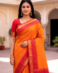 Orange Soft Ikkat Pochampally Patola Silk Zari Woven Saree