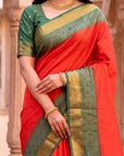 Peach Soft Ikkat Pochampally Patola Silk Zari Woven Saree