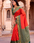 Peach Soft Ikkat Pochampally Patola Silk Zari Woven Saree