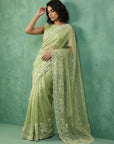 Pista Green Soft Chanda Silk with Floral Jaal Embroidery Work Designer Saree