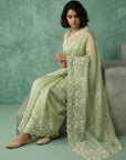 Pista Green Soft Chanda Silk with Floral Jaal Embroidery Work Designer Saree