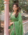 Green Crush Silk Embroidery Floral Border Saree