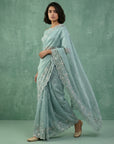Sky Blue Soft Chanda Silk with Floral Jaal Embroidery Work Designer Saree
