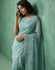 Sky Blue Soft Chanda Silk with Floral Jaal Embroidery Work Designer Saree
