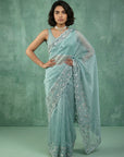 Sky Blue Soft Chanda Silk with Floral Jaal Embroidery Work Designer Saree