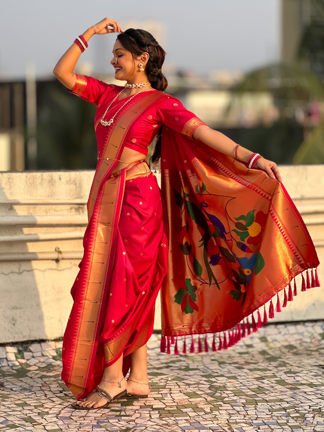Rani Pink Nauvari Pathani Silk Zari Woven Muniya Border Saree