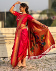 Rani Pink Nauvari Pathani Silk Zari Woven Muniya Border Saree