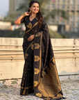 Black Soft Silk with Elephant Pattern Saree