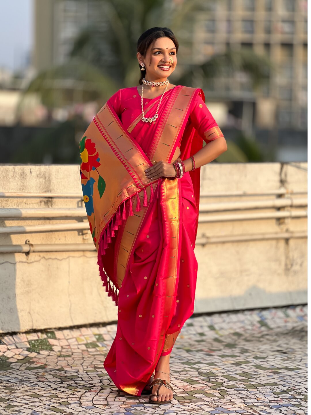 Rani Pink Nauvari Pathani Silk Zari Woven Muniya Border Saree
