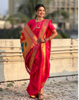 Rani Pink Nauvari Pathani Silk Zari Woven Muniya Border Saree