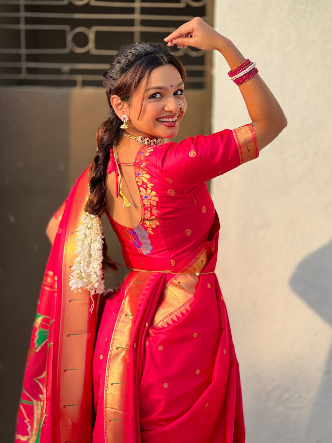 Rani Pink Nauvari Pathani Silk Zari Woven Muniya Border Saree