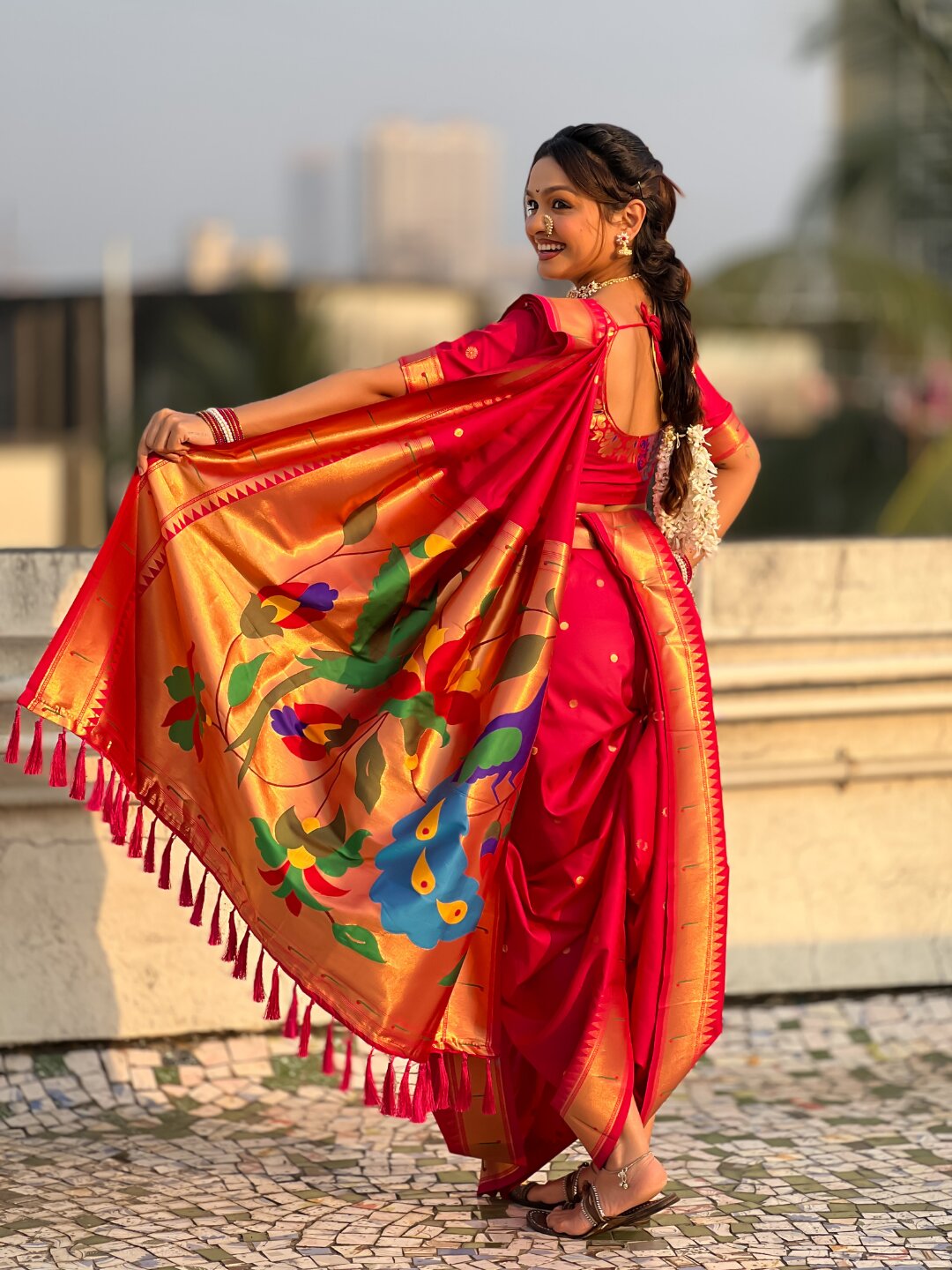 Rani Pink Nauvari Pathani Silk Zari Woven Muniya Border Saree