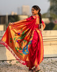 Rani Pink Nauvari Pathani Silk Zari Woven Muniya Border Saree