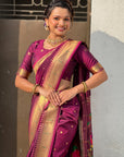 Wine Nauvari Pathani Silk Zari Woven Muniya Border Saree