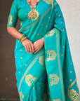 Aqua Blue Soft Silk with Elephant Pattern Saree