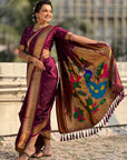 Wine Nauvari Pathani Silk Zari Woven Muniya Border Saree