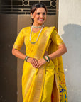 Yellow Nauvari Pathani Silk Zari Woven Muniya Border Saree
