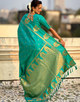 Aqua Blue Soft Silk with Elephant Pattern Saree