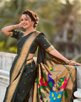 Bottle Green Nauvari Pathani Silk Zari Woven Muniya Border Saree