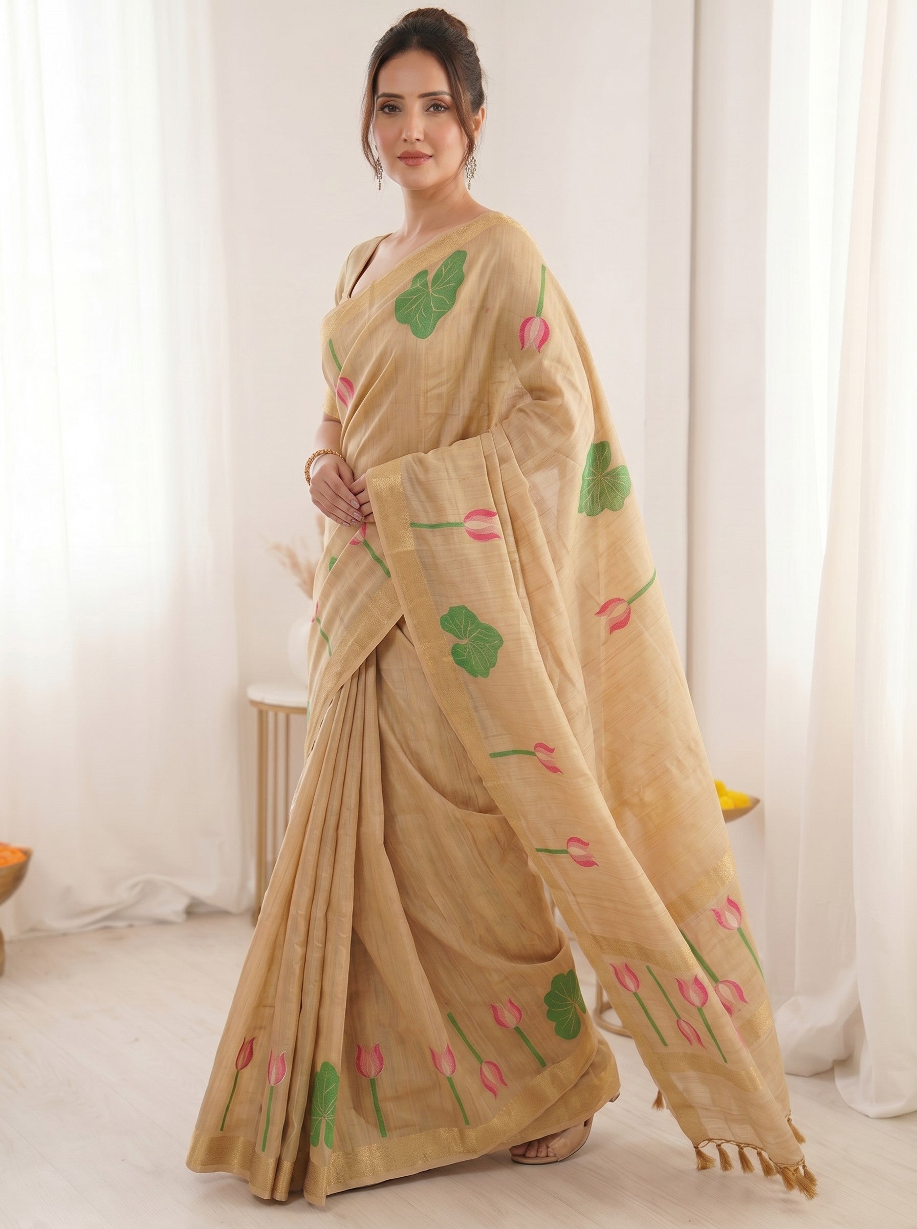 Chikoo Premium Soft Linen Cotton with Lotus &amp; Leafs Pattern Saree