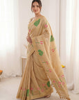 Chikoo Premium Soft Linen Cotton with Lotus & Leafs Pattern Saree