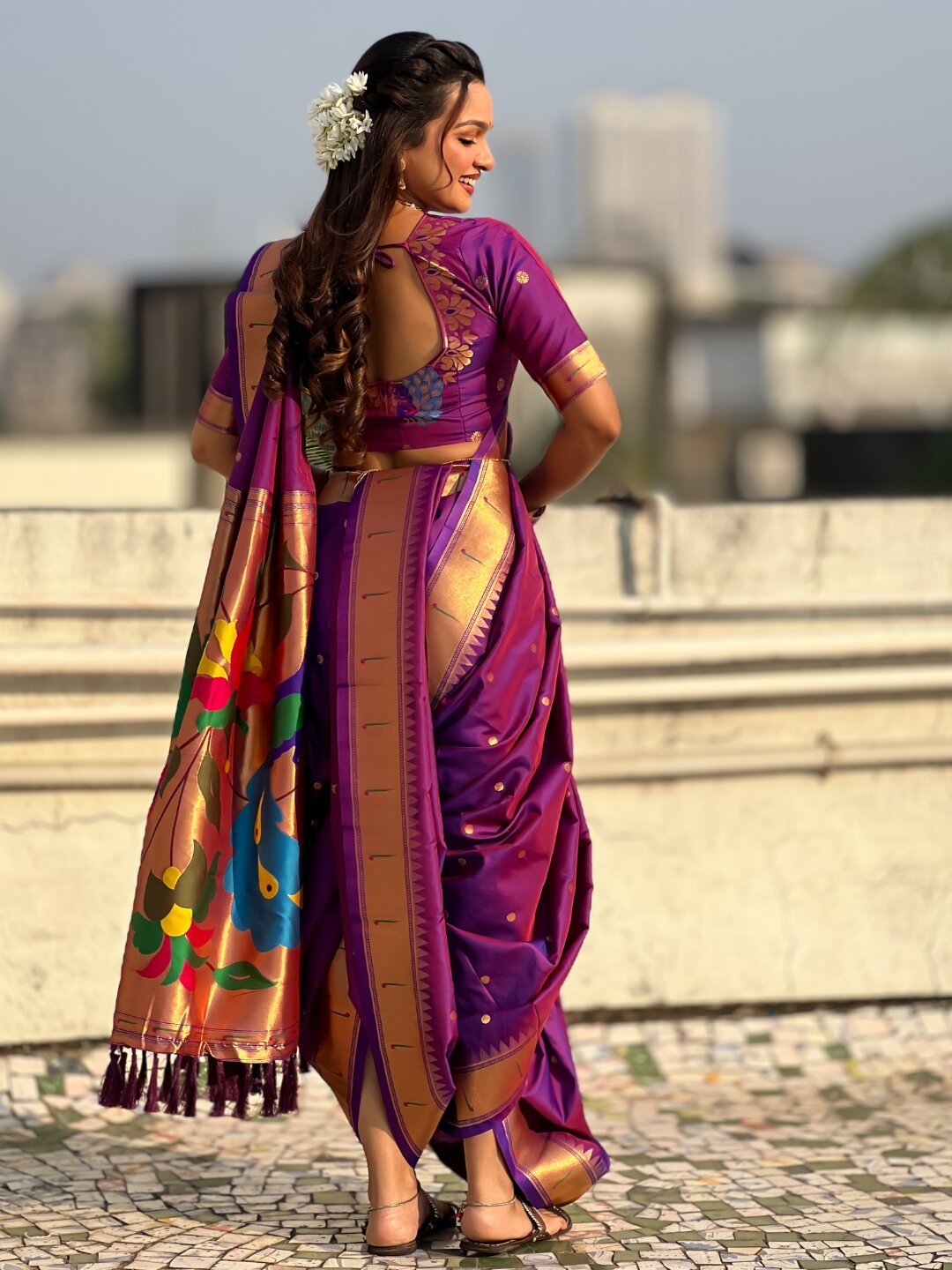 Purple Nauvari Pathani Silk Zari Woven Muniya Border Saree