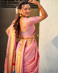 Light Pink Nauvari Pathani Silk Zari Woven Muniya Border Saree