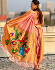 Light Pink Nauvari Pathani Silk Zari Woven Muniya Border Saree
