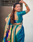 Peacock Blue Nauvari Pathani Silk Zari Woven Muniya Border Saree
