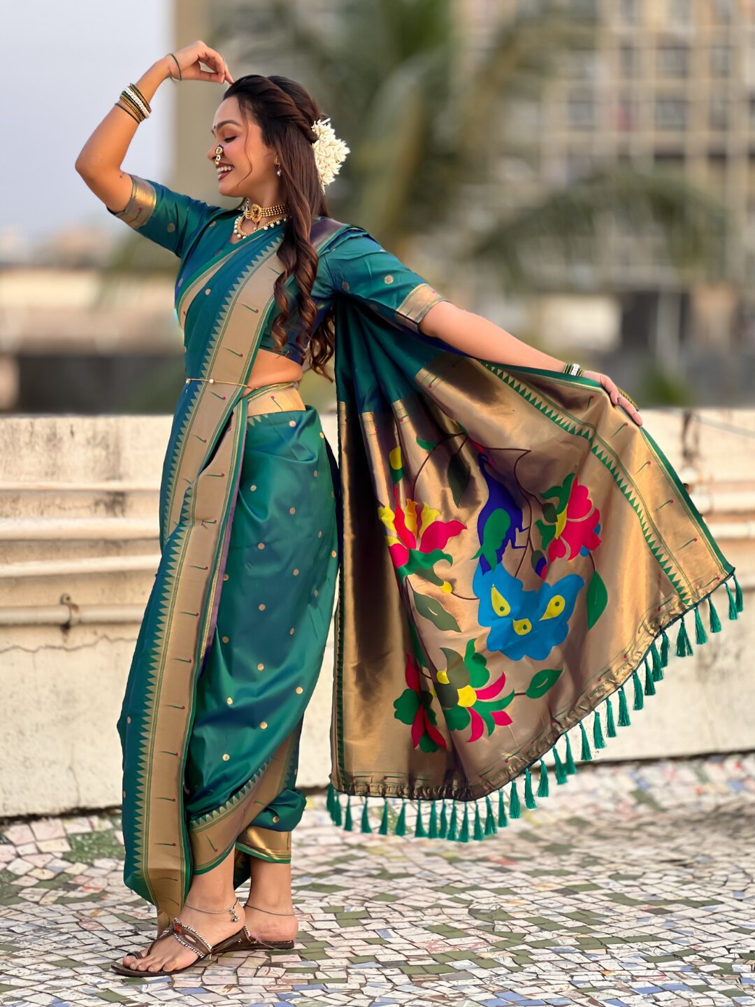 Peacock Blue Nauvari Pathani Silk Zari Woven Muniya Border Saree