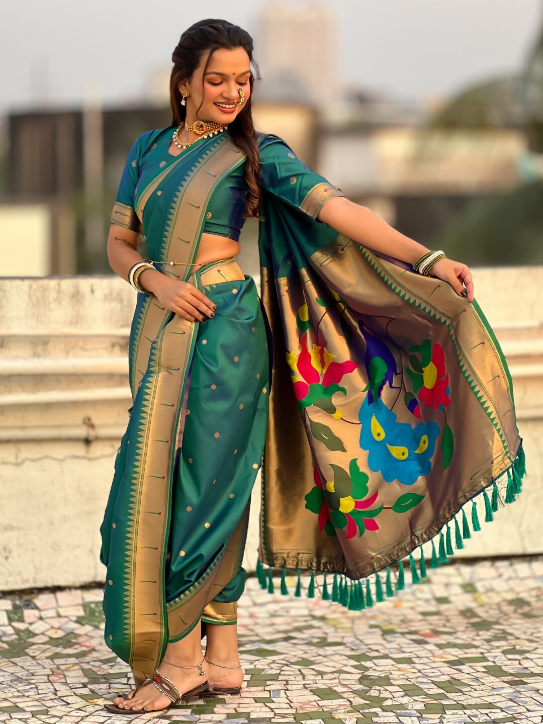 Peacock Blue Nauvari Pathani Silk Zari Woven Muniya Border Saree