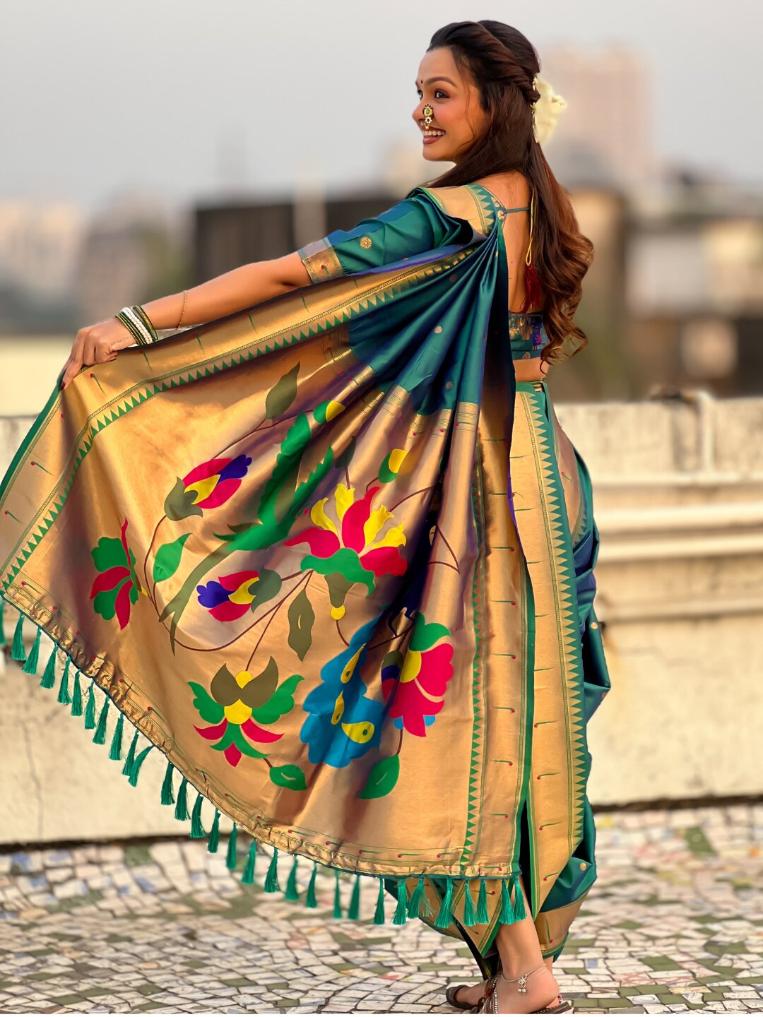 Peacock Blue Nauvari Pathani Silk Zari Woven Muniya Border Saree