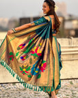 Peacock Blue Nauvari Pathani Silk Zari Woven Muniya Border Saree