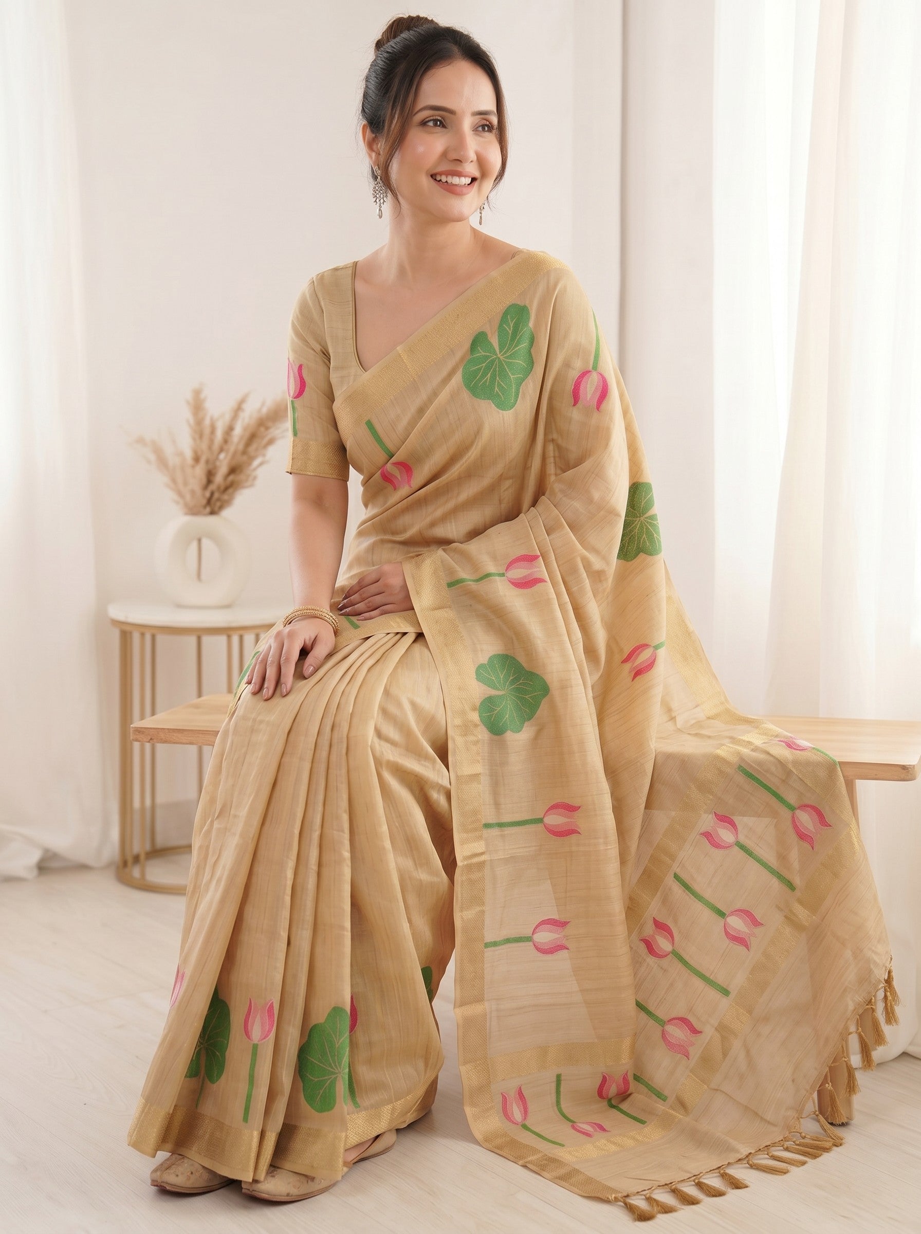 Chikoo Premium Soft Linen Cotton with Lotus &amp; Leafs Pattern Saree