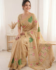 Chikoo Premium Soft Linen Cotton with Lotus & Leafs Pattern Saree