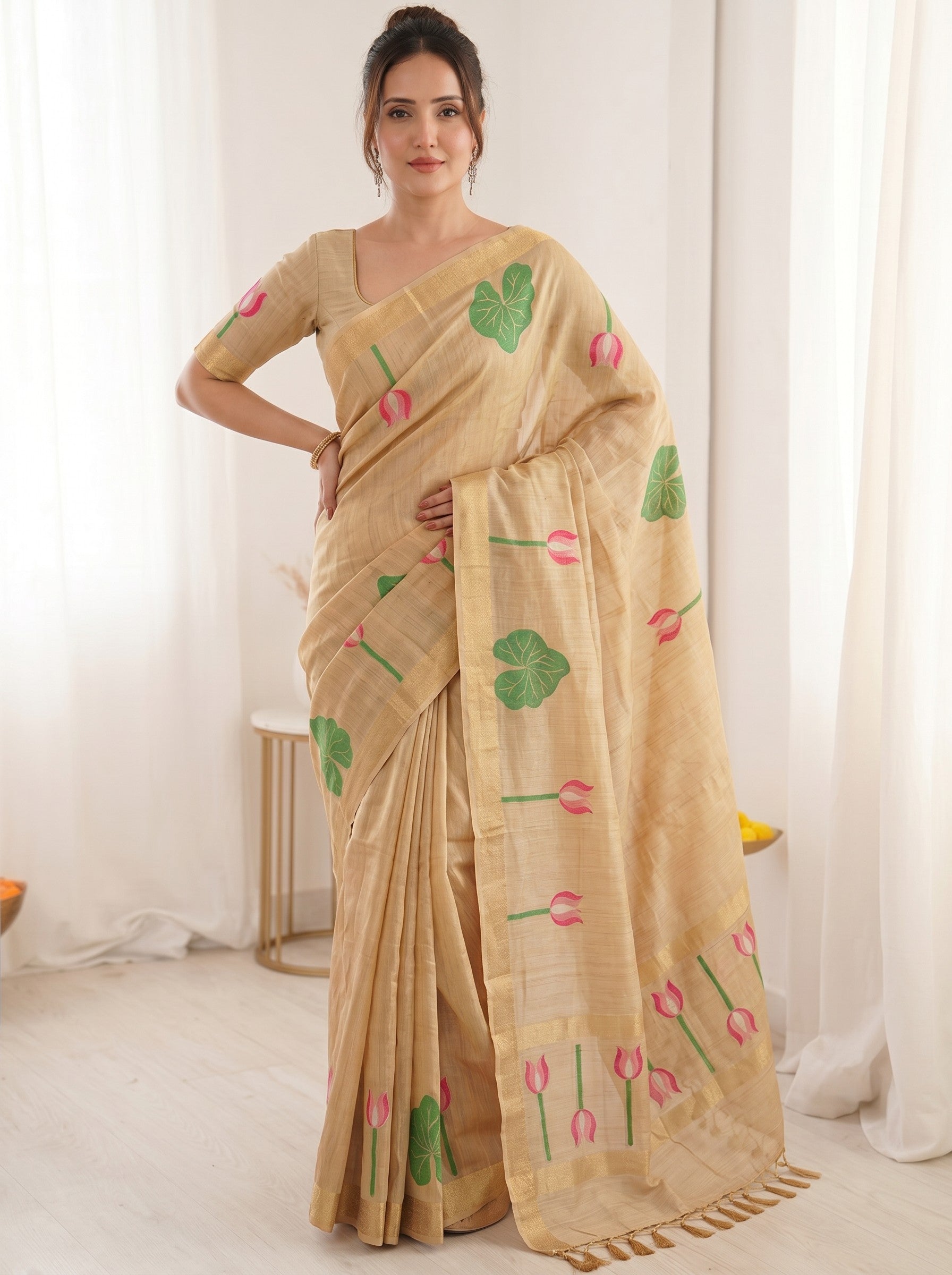 Chikoo Premium Soft Linen Cotton with Lotus &amp; Leafs Pattern Saree