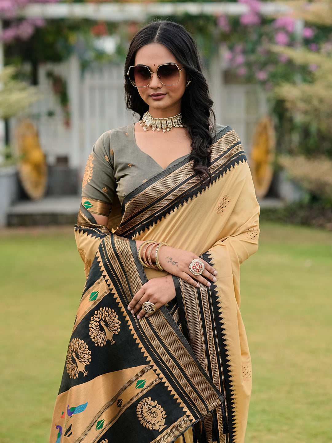 Chickoo Soft Ikkal Silk Zari Woven Kolam Pattern Saree with Paithani Pallu