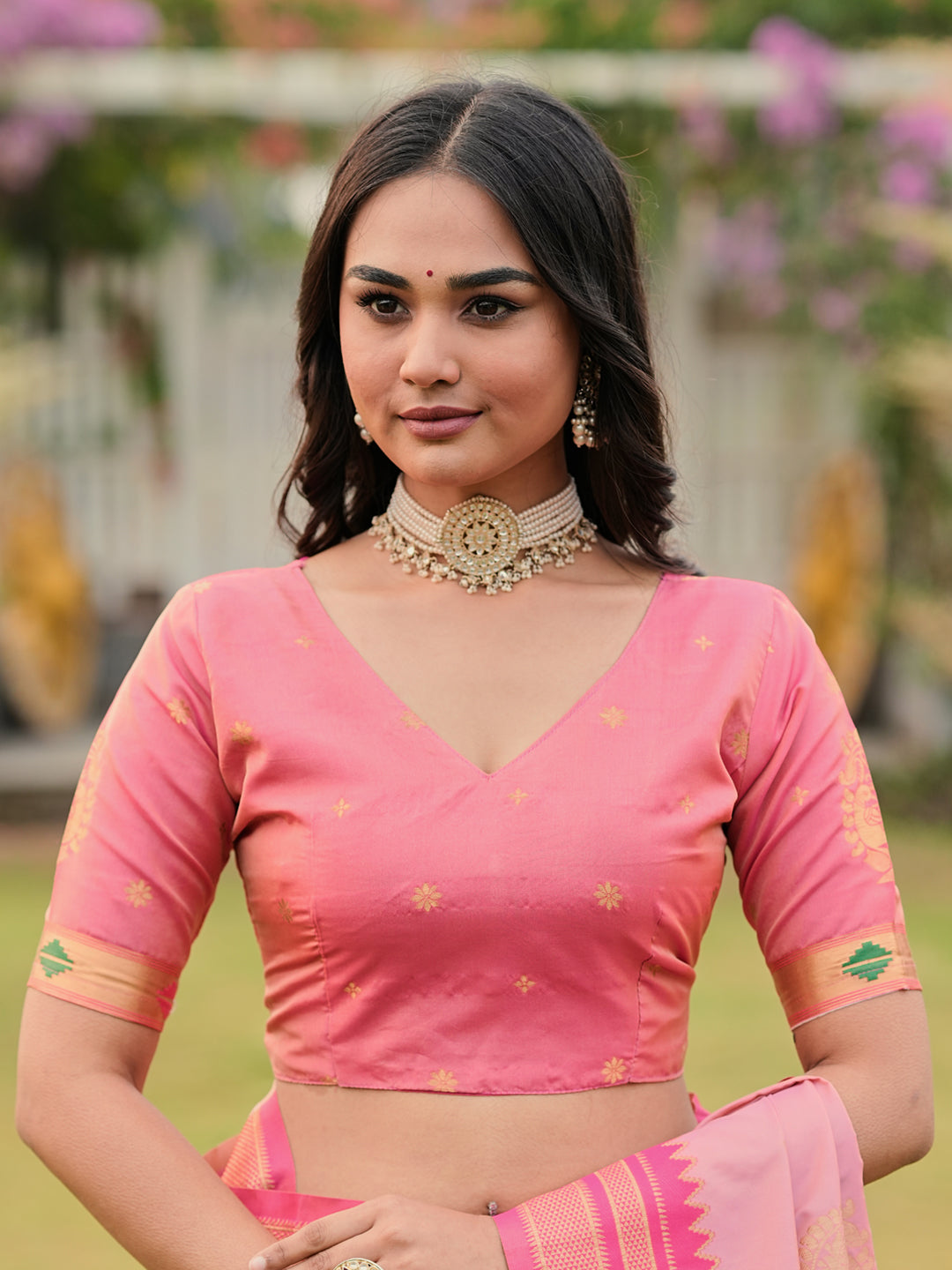 Light Pink Soft Ikkal Silk Zari Woven Kolam Pattern Saree with Paithani Pallu