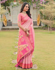 Light Pink Soft Ikkal Silk Zari Woven Kolam Pattern Saree with Paithani Pallu