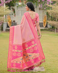 Light Pink Soft Ikkal Silk Zari Woven Kolam Pattern Saree with Paithani Pallu