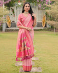 Light Pink Soft Ikkal Silk Zari Woven Kolam Pattern Saree with Paithani Pallu