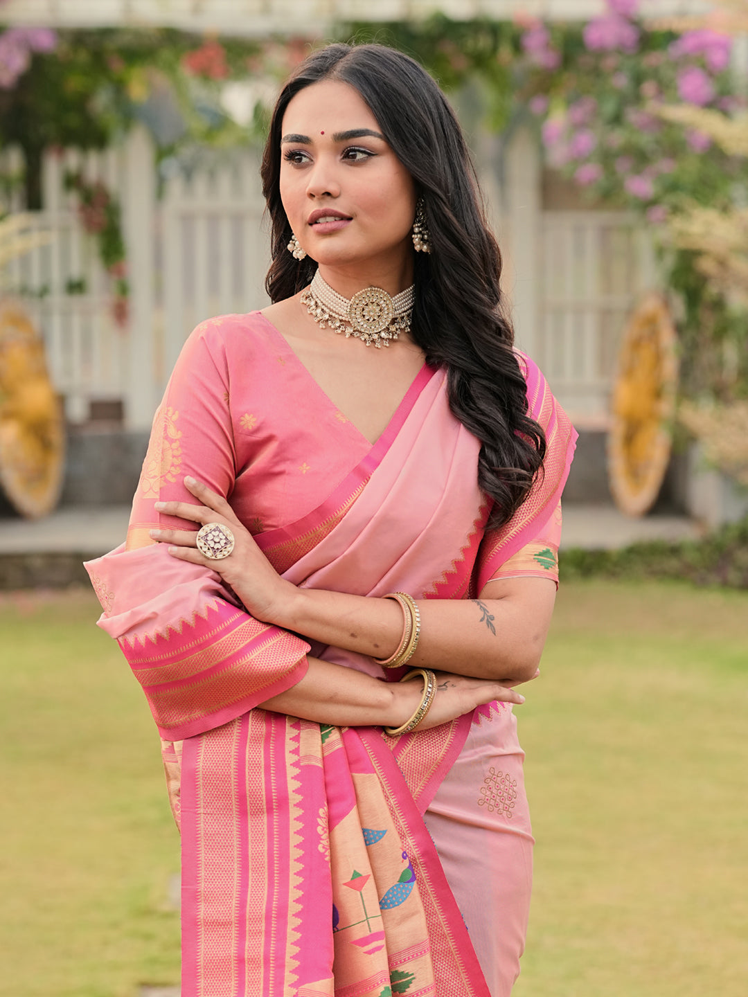 Light Pink Soft Ikkal Silk Zari Woven Kolam Pattern Saree with Paithani Pallu
