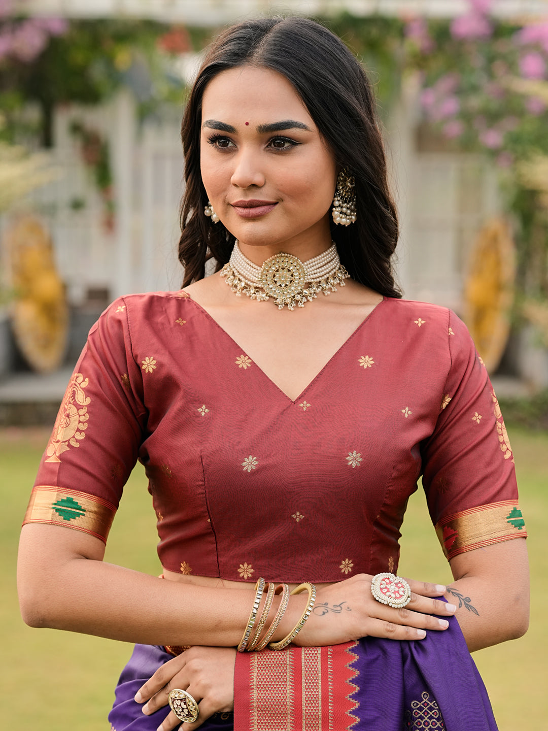 Violet Soft Ikkal Silk Zari Woven Kolam Pattern Saree with Paithani Pallu