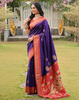 Violet Soft Ikkal Silk Zari Woven Kolam Pattern Saree with Paithani Pallu