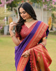 Violet Soft Ikkal Silk Zari Woven Kolam Pattern Saree with Paithani Pallu