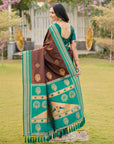 Coffee Soft Ikkal Silk Zari Woven Kolam Pattern Saree with Paithani Pallu